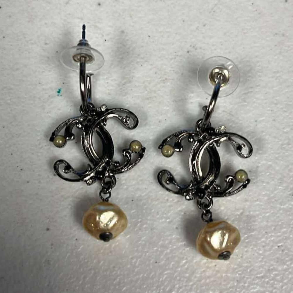 CHANEL Golden Pearl and Silver CC Logo Earrings.